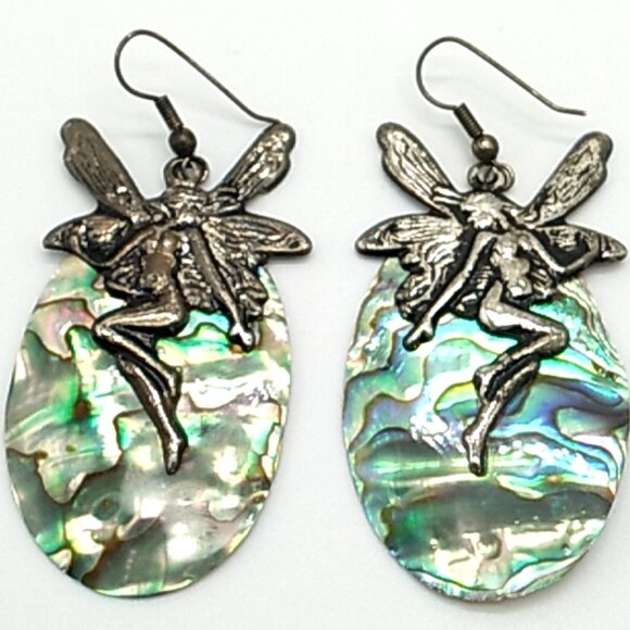 Abalone Shell Fairy Design Dangle Earrings Unique - Picture 7 of 12